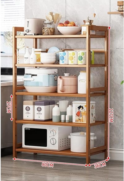 Keukenrek 5-Laags Opbergrek 127x80x36 cm – Multifunctioneel Opbergrek voor Keuken, Badkamer & Woonkamer – Houten Display Rek met Grote Capaciteit – Messing Design
