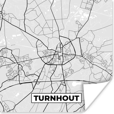 Poster Kaart – Plattegrond – Stadskaart – Turnhout – België – Zwart Wit - 100x100 cm XXL