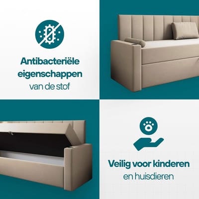 Gestoffeerd bed met matras en opbergruimte 100x200 cm – Velours Grijs Links – Bankbed 220x100x100 cm met bedbak, Bonell-verenmatras & gewatteerd hoofdbord – HomebyNicole