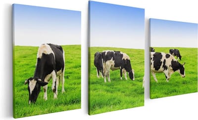Artaza Canvas Schilderij Drieluik Kudde Koeien In De Wei - Hemel Blauwe Lucht - 120x60 - Foto Op Canvas - Canvas Print