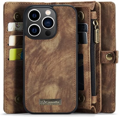 CaseMe Hoesje - Geschikt voor iPhone 15 Pro Hoesje - CaseMe 008 2-in-1 Book Case & Back Cover met Portemonnee - Bruin