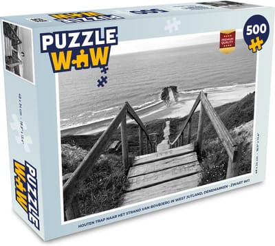 Puzzel Houten trap naar het strand van Bovbjerg in West Jutland, Denemarken - zwart wit - Legpuzzel - Puzzel 500 stukjes