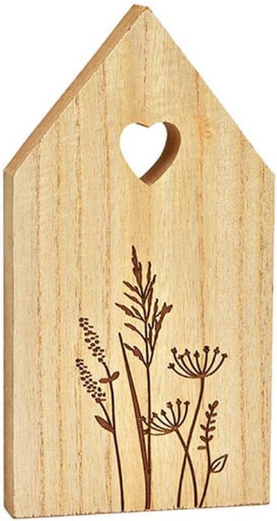 Landelijke Houten Huisje met Bloemenweide op Voet - Rustieke Vensterbank Decoratie - Natuurlijk Hout Silhouet Tafeldecoratie - 3D Woonaccessoire