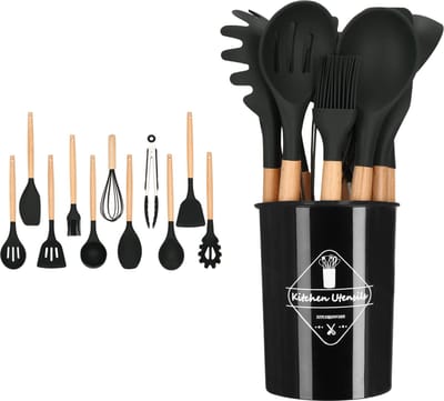 Springos Kookgerei Set | 12 Delig | Keukengerei Siliconen Set | Bamboe/ Siliconen | Zwart