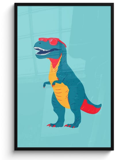 Poster in lijst - Fotolijst 80x120 cm - Posters - Dinosaurus - Blauw - Zonnebril - Posterlijst zwart - Decoratie - Wanddecoratie woonkamer - Muurdecoratie slaapkamer