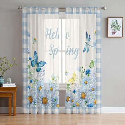 Aquarel Bloemen Bladeren Vintage Tule Gordijnen voor Woonkamer Keuken Slaapkamer Transparante Tule voor Café Hotel Moderne Huisdecoratie 135W x 114H(cm)