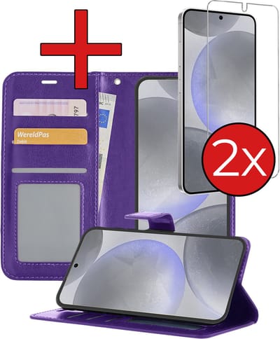 Hoesje - Met 2x Screenprotector - Geschikt voor Samsung Galaxy S24 - Luxe Pasjeshouder - Flip Case - Bookcase Portemonee - Kunstleer Book Case - Flipcase Hoes - Book Cover - Walletcase - Portemonneehoes - Telefoonhoes - Paars