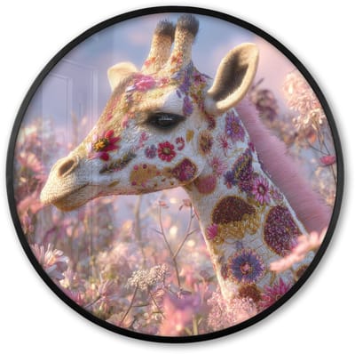 Poster in lijst Rond - Fotolijst 60x60 cm - Posters - Giraffe - Bloemen - Roze - Ronde posterlijst zwart - Decoratie - Wanddecoratie woonkamer - Muurdecoratie slaapkamer