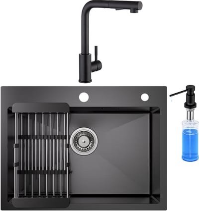 CECIPA max Spoelbak Antraciet 60x45CM - Spoelbak Keuken Met Keukenkraan en Zeepdispenser 300ML - Multifunctionele Spoelbak - Spoelbak Met Afdruiprek - Spoelbakken Keuken - Wasbak Keuken - RVS