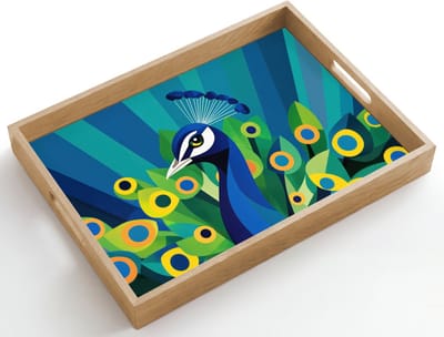 Dienblad hout 50x35 cm - Schootdienblad - Pauw - Cirkels - Blauw - Borrelplank rechthoek - Plateau dienbladen