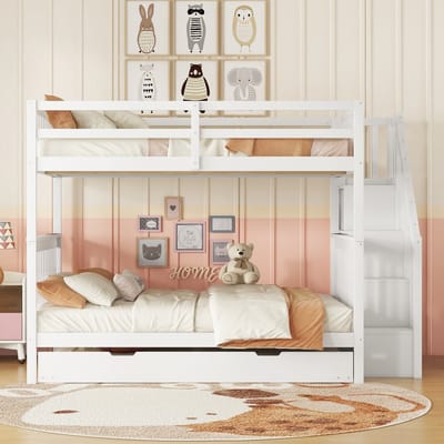 Wishdor Stapelbed 140x200 cm - Uitschuifbaar Rolbed - Trap met Opbergrekken - Hoge Valbeveiliging - Grenenhout en MDF - Wit