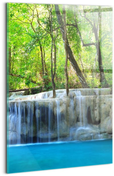 Wallfluent Glasschilderij - Landschap met een waterval in het bos Glazen Schilderij - 20x30 cm - Groente Verticale Muurschildering - Landschap Foto Glas - Schilderij Op Glas - Glas Schilderij