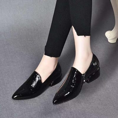 Zwarte Dames Middelhoge Hakken ,Zachte Patent PU Leer Schoenen Voor de Herfst ,Puntige Neus ,Rits aan de Zijkant ,Blokhak ,Kaki ,Wijnrood ,Dropshipping 35 zwart