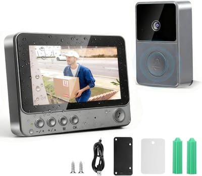 1080p Draadloze deurbel met camera, IP65 Draadloze Deurbel voor buiten, Eetanche met 4,3 inch display, draadloze videofoon met camera HD-camera, intercom, nachtzicht, infrarood, bidirectionele audio