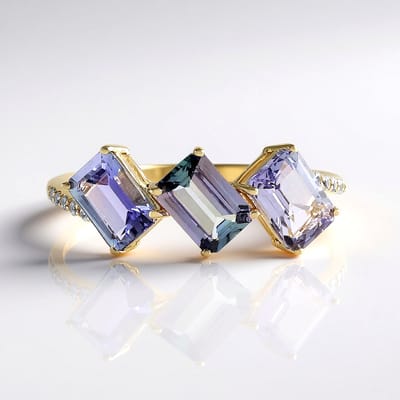 Cavill - 9 Karaat Geelgouden Ring - Onverhitte Achthoekige Tanzaniet 2,57 ct - Rond Zirkonen 0,14 ct - Luxe Sieraden Ring Maat 19