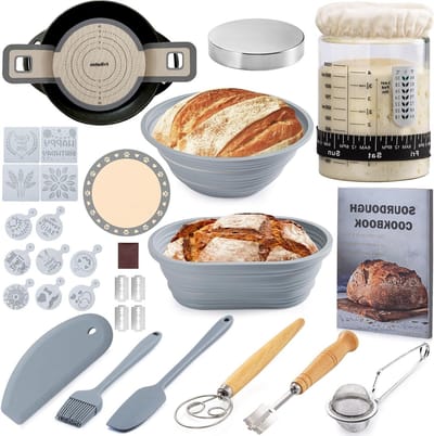 Zuurdesem Starter Kit - Broodbak Set - Ambachtelijk Brood Bakken - Inclusief 2 Rijsmanden - 40oz Pot - Grijs