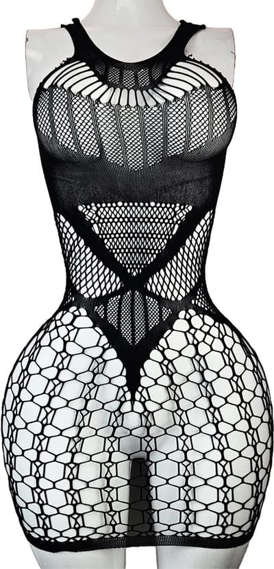 BamBella® - Jurk - Onesize - Erotische sexy nacht jurkje Zwart doorzichtig kant - Super Stretch