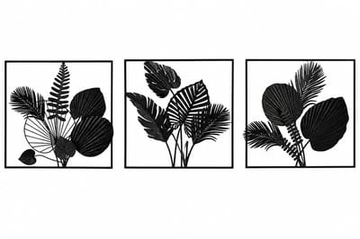 Muurdecoratie Bladeren boeket 3 luik- zwart - 50x50 per stuk - set van 3 -handgeschilderd schilderij 3 d