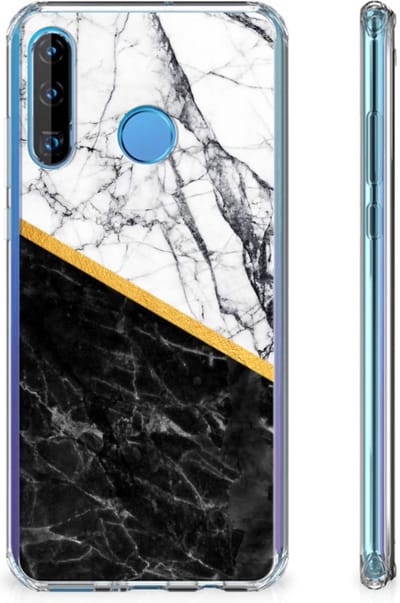 Huawei P30 Lite Anti-Shock Hoesje Marmer Wit Zwart - Origineel Cadeau Man