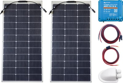 Bluetooth Set Flexibel Zonnepaneel 220Wp Caravan, Camper, Boot, Tent - MPPT Victron Energy laadregelaar 75/15 - Zonnepaneel Compleet Pakket - Kabel met connectoren - Plug-Play set schematische tekening en handleiding-Monokristallijn