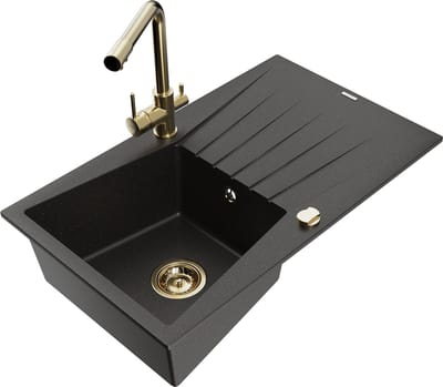 Mexen Cesar granieten gootsteen, 1-komors met afdruiprek en keukenmengkraan Duero, zwart/goud metallic - 6514-75-671600-50
