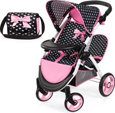 Bayer Design Tweeling poppenwagen Twin Xeo, dubbele poppenwagen, verstelbare duwstang, tas in zwart/wit/roze