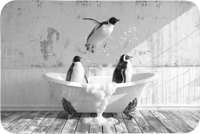 Badmat 90x60 cm - Antislip - Pinguïns - Vintage - Dieren - Zwart - Wit - Badmatten voor badkamer - Badkamermat - Douchemat - Badkamer mat