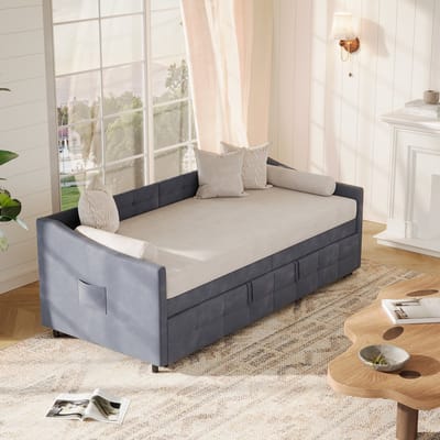 Uitschuifbare Slaapbank 90x200cm – Grijze Fluwelen Bedbank Uitklapbaar tot 180x200cm, Comfortabele Logeerbed met Hydraulisch Mechanisme