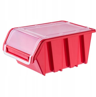 KADAX Stapelkist met deksel, opbergbox van PP-kunststof, opbergbox in verschillende maten en kleuren, opbergdozen met klep voor gereedschapswand (rood, 10 stuks, 195 x 120 mm)