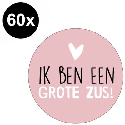 60x Sticker Ik Ben Een Grote Zus - Roze - Babyshower - Zwangerschap - Geboorte - Meisje - Dochter - Kraamfeest - Sluitsticker - Feeststicker - Sticker - Trakteren - 40mm - 60 Stuks
