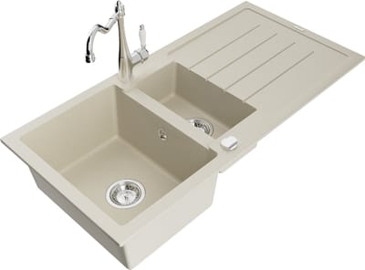 Mexen Andres granieten spoelbak 1,5-komor met afdruiprek en keukenmengkraan Carla, beige - 6515-69-670700-00