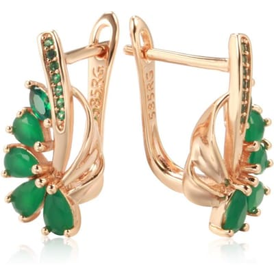 Boucles d'oreilles pendantes longues couleur or rose avec zircons naturels verts pour femmes, style rétro ethnique, pour mariage, fête, bijoux fins beige