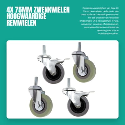 Dailygoods- Wielen set van 4 - 75mm PU wielen - Zwenkwielen met rem - Draaibare wieltjes - Slijtvast - Gewicht capaciteit 50 kg - Castors