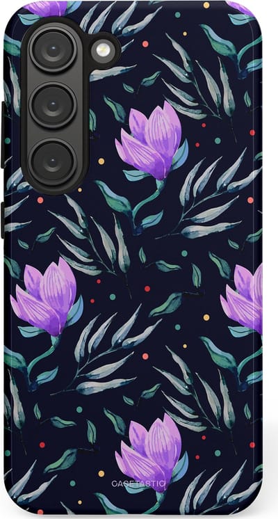 Casetastic hoesje geschikt voor Samsung Galaxy S23 - Dubbellaagse bescherming - Mystieke bloemenzee - Fashion Case - Donkerblauw Donkergrijs Grijs Lavendel