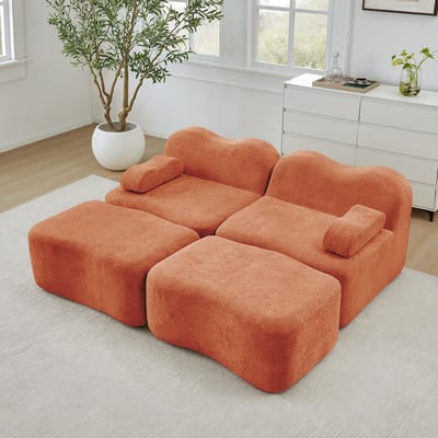 BLACKCOLORS Modulaire 2-zitsbank met 2 chaise longues, Boneless-bank van 32D-schuim met hoge dichtheid, verplaatsbaar armleuningkussen, voor woonkamer en appartement, antislipontwerp, Oranje