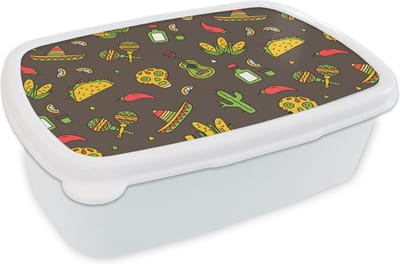 Broodtrommel Wit - Lunchbox - Brooddoos - Patroon - Mexico - Sombrero - 18x12x6 cm - Volwassenen