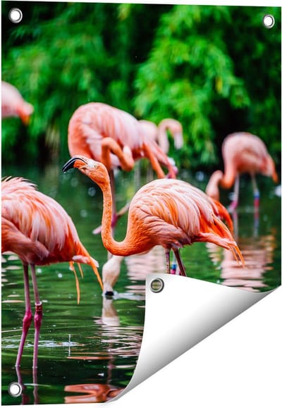 Gards Tuinposter Kudde Flamingo's in de Jungle in het Water - 40x50 cm - Tuindoek - Tuindecoratie - Wanddecoratie buiten - Tuinschilderij