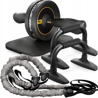 Trex Sport TX-010WSA - Trainingsset - 4-in-1 - Buikspierwiel - Push-up steunen - Mat en weerstandsbanden - Ab roller - Ab wheel - Kleur A