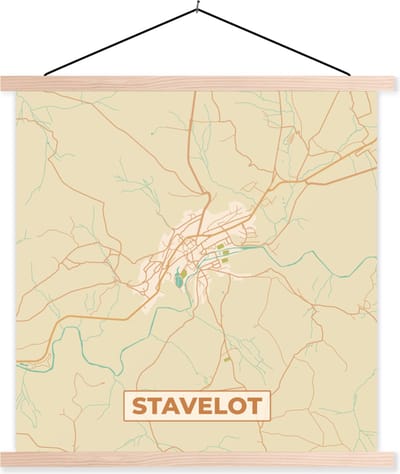 Posterhanger incl. Poster 40x40 cm - Schoolplaat - Stadskaart - Plattegrond - Vintage - Kaart - Stavelot - Textielposter - Blanke latten - Stadskaart