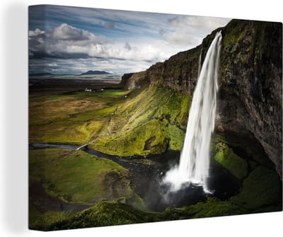 Canvas Schilderij Waterval - Gebergte - Jungle - 90x60 cm - Wanddecoratie
