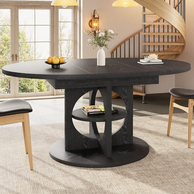 MODENUIT Eettafel - Uitschuifbaar Blad Met Opbergrek - Voor Eetkamer En Keuken - MDF Zwart - 110-150x110x76 Cm