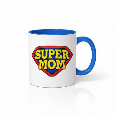 Super Mom Koffiemok met Blauw Oor en Binnenkant - Superheld Moeder Ontwerp - Gekleurde Keramische Beker