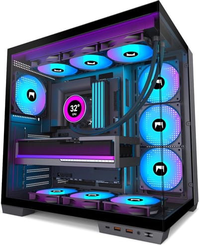 PC Behuizing ATX gaming met 7 ARGB PWM fans, dual chamber design, glazen zijpaneel, USB-C, Mid Tower zwart
