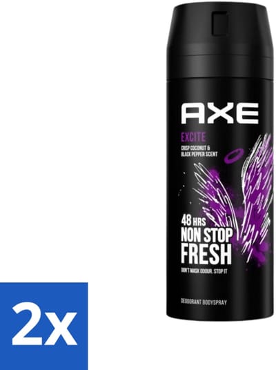Axe - Deodorant Bodyspray - 48hrs Fresh - Excite - Crisp Coconut & Black Pepper - 150 ml - Voordeelverpakking - 2 stuks
