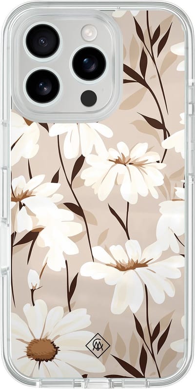 Casimoda® hoesje - Geschikt voor iPhone 16 Pro Max - In Bloom - 2-in-1 case - Schokbestendig - Bloemen - Verhoogde randen - Bruin/beige, Transparant