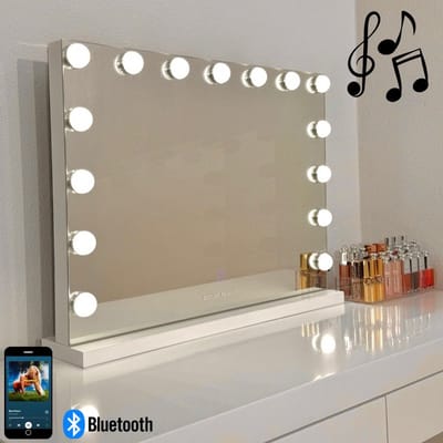 Bright Beauty® Make-up Spiegel met Verlichting – Hollywood Spiegel – BLUETOOTH - 58×46 cm – 15 LED Lampen – 3 Lichtkleuren – Dimbaar – Smart Touch – USB Oplaadpoort – Wit