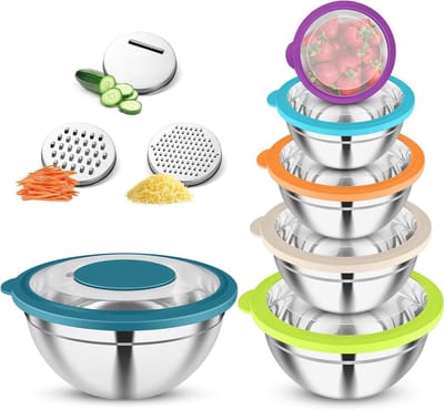 Set van 6 RVS Mengkommen met Transparante Deksel en 3 Raspaccessoires, Stapelbaar en Vaatwasserbestendig, Ideaal voor Salades, Koken en Bakken