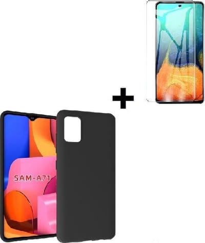Geschikt voor Samsung Galaxy A71 hoes TPU Siliconen Case hoesje Zwart + Screenprotector Tempered Gehard Glas Pearlycase