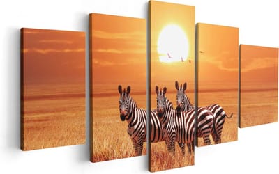 Artaza Canvas Schilderij Vijfluik Drie Zebra's Bij Zonsondergang - 100x50 - Foto Op Canvas - Canvas Print
