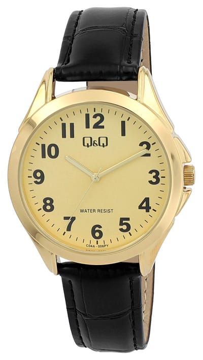 Q&Q C04A-006PY - Horloge - Analoog - Mannen - Heren - Leren band - Rond - Metaal - Cijfers - Zwart - Goudkleurig